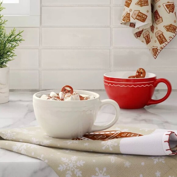 2 TARGET WONDERSHOP GINGERBREAD PEEK-A-BOO MUG SET of 2 Red & White - Picture 1 of 6